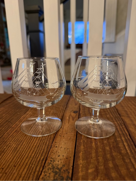 Other - (2) Vintage Etched Ship Brandy Snifters
